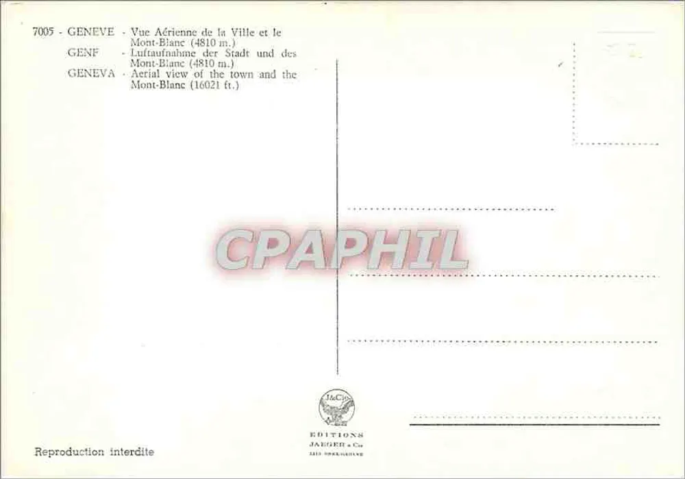 Genf — Luftbild der Stadt und des Mont-Blanc (4810 m) — Éditions Jaeger & Cie - Rückseite