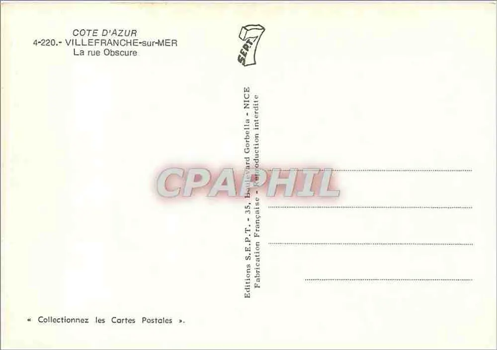 Villefranche-sur-Mer — La rue Obscure — Éditions S.F.P.T. - 35, Boulevard Gorbellia - Nice - Verso