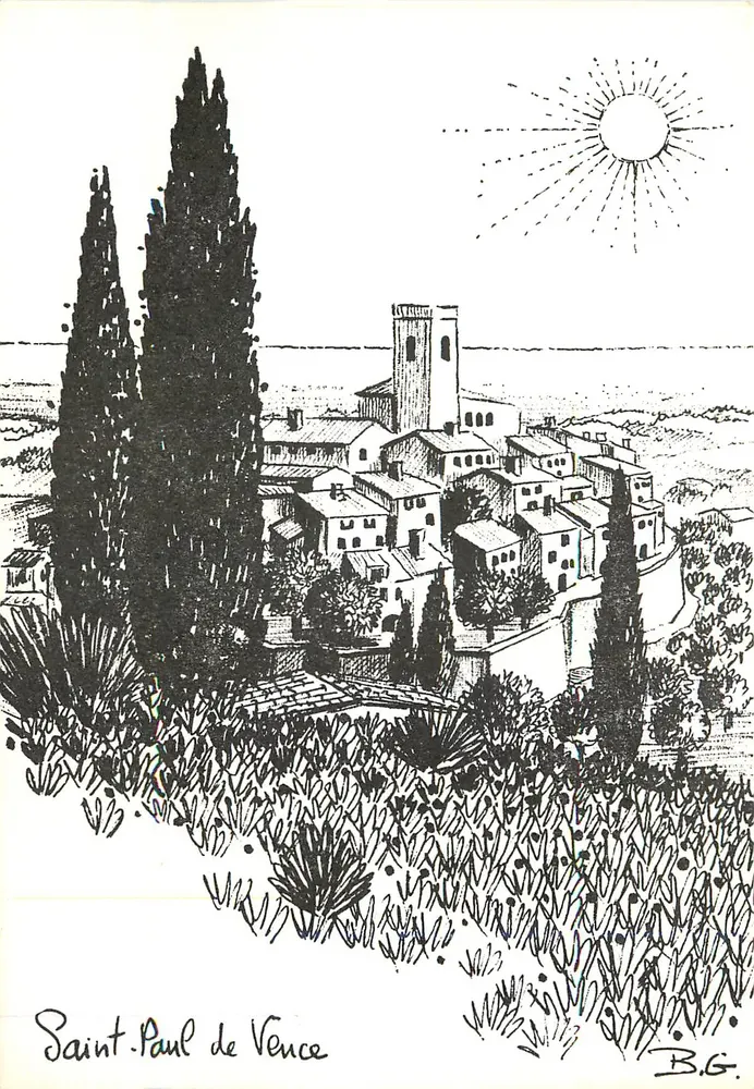 Saint-Paul de Vence — Panoramablick — Zeichnung B.G. - Vorderseite