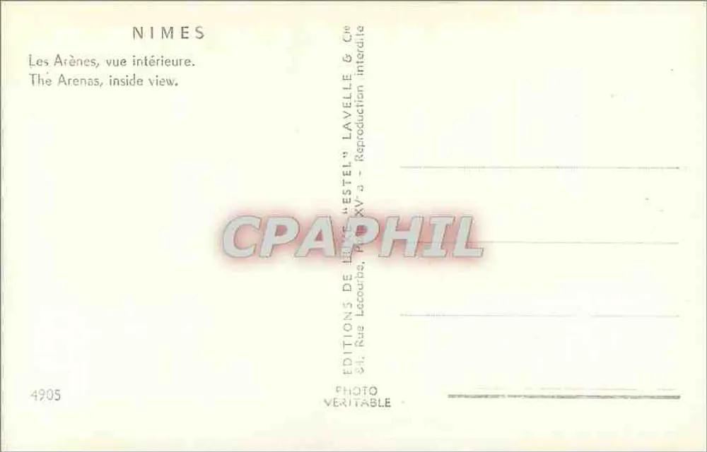 Nîmes — As Arênes, vista interior — Editor Lavelle & Cie, n° 4905 - Verso