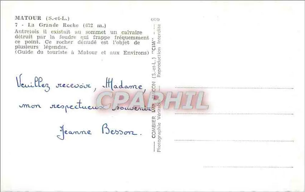 Matour (S.-et-L.) — A Grande Rocha (672 m.) — Combier Photographic Véritable - Verso