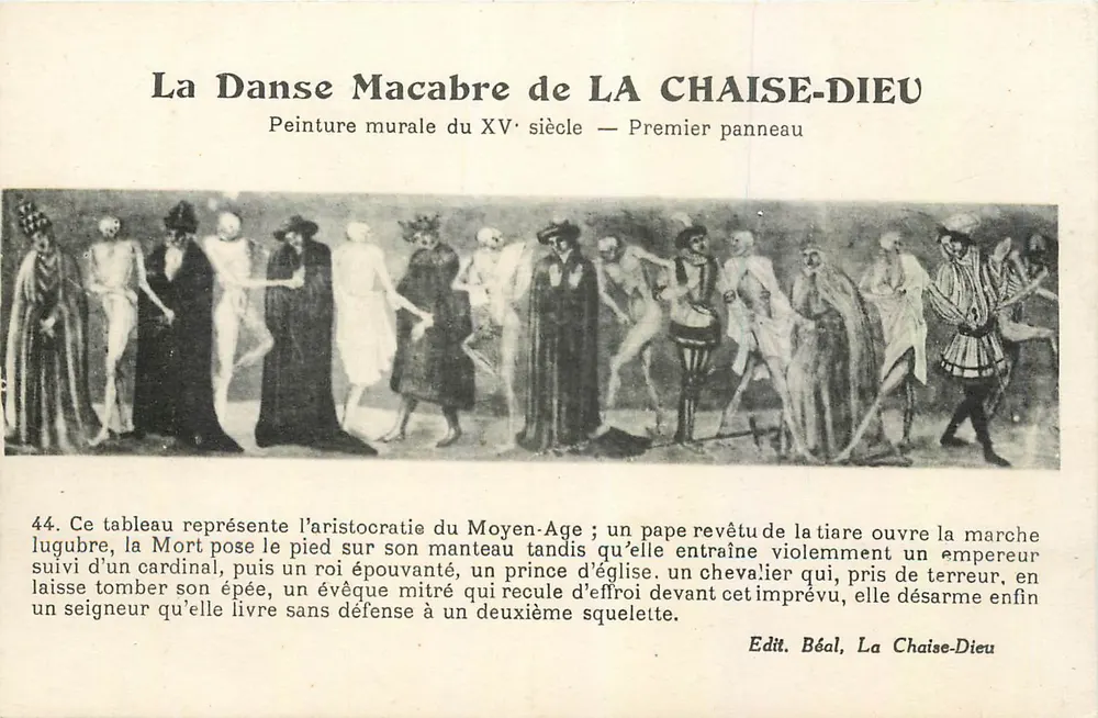 A Dança Macabra de LA CHAISE-DIEU — Pintura mural do século XV — Primeiro painel — Edit. Béal, La Chaise-Dieu - Frente
