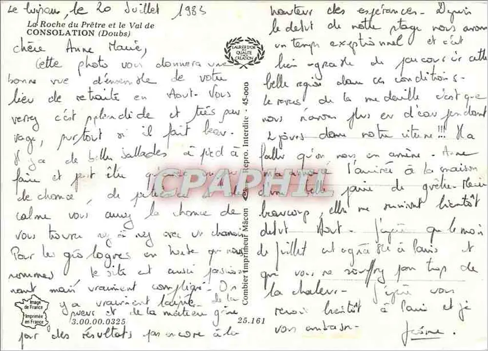 La Roche du Prétre e o Vale da Consolação (Doubs) — vista panorâmica — Impressora Mâcon, n° 45-000 - Verso