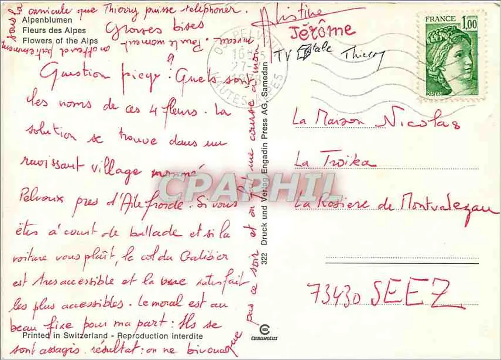 Flores das Alpes — Alpenblumen — Impresso na Suíça — editor Verlag Engadin Press AG, n° 322 - Verso