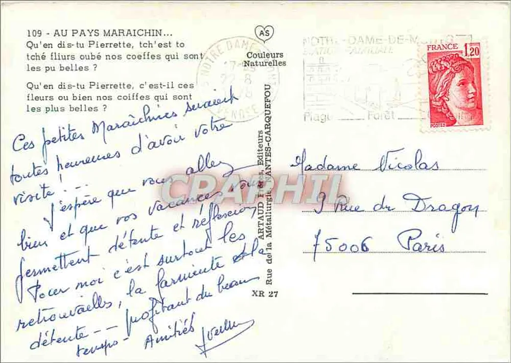 Duas mulheres com chapéus tradicionais — Pays Maraichin — Editores Artaud & Cie, Antes-Carquefou - Verso
