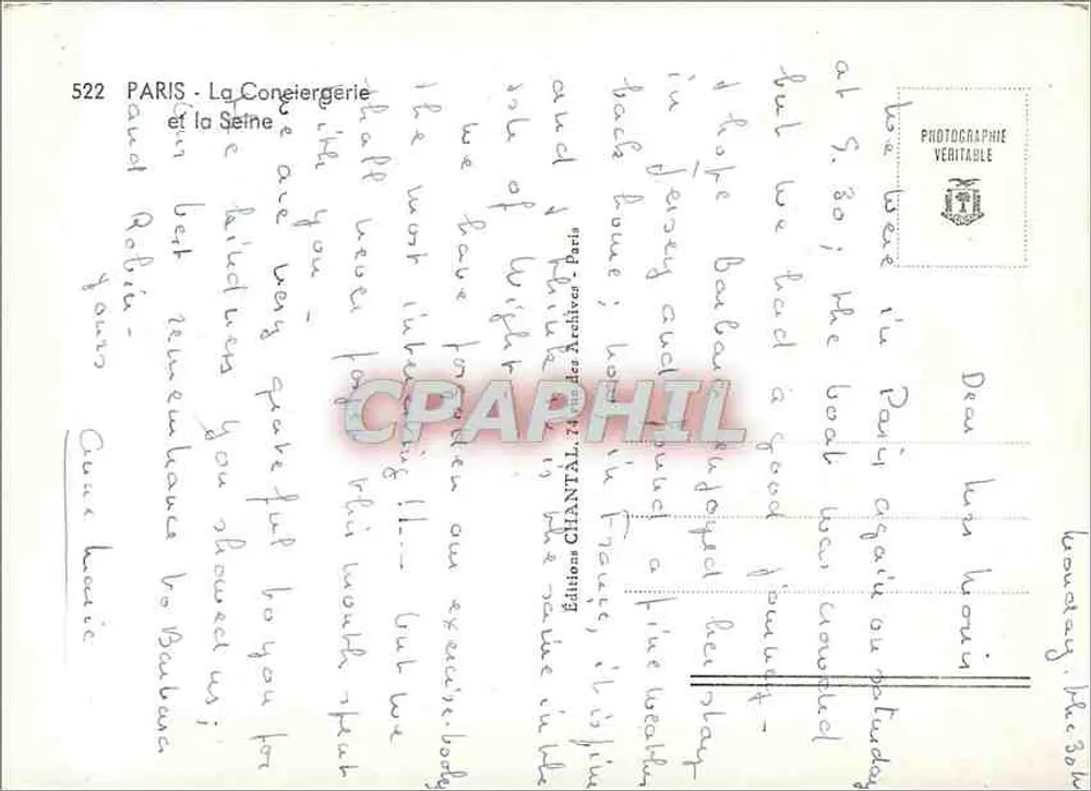 Paris - A Conciergerie e a Sena — Éditions Chantal, n°522 - Verso