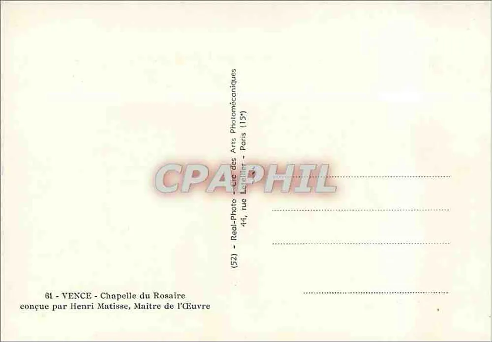 Vence - Kapelle des Rosenkranzes — entworfen von Henri Matisse — Verlag Real-Photo - Rückseite