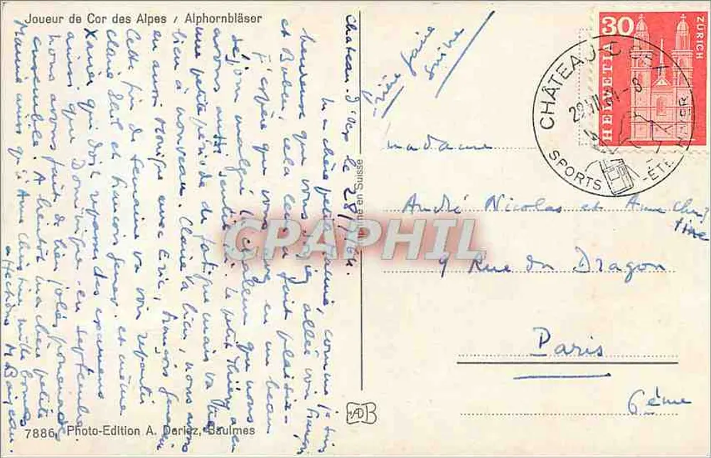Jogador de Cor das Alpes / Alphornbläser — Photo-Edition A. Deriaz, Boulmes, n°7886 - Verso
