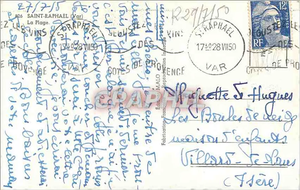 Plaża Saint-Raphaël — Hotel Beau-Séjour i La Réserve — wydawca M.A.L.O. nr 826 - Rewers