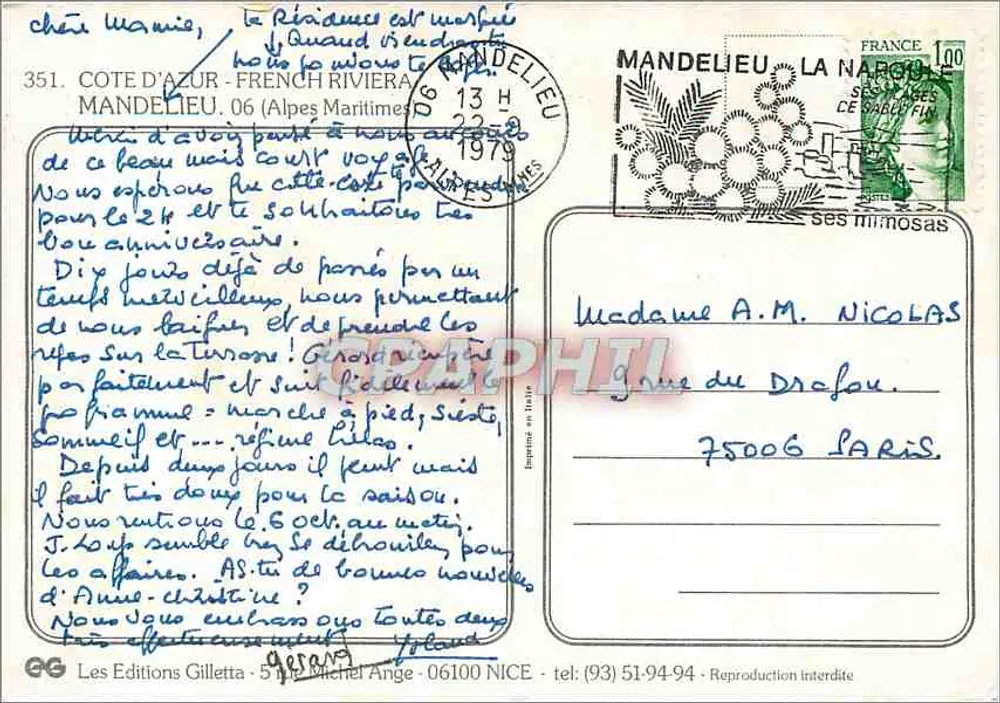 Mandelieu — Panoramablick, Brunnen und See — Les Éditions Gillette - Rückseite