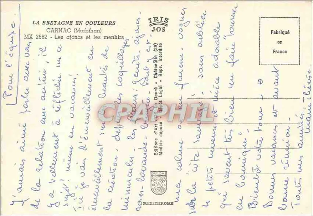 Carnac (Morbihan) — Die Menhire und die Gorse — Édition d'Art IRIS JOS - Rückseite