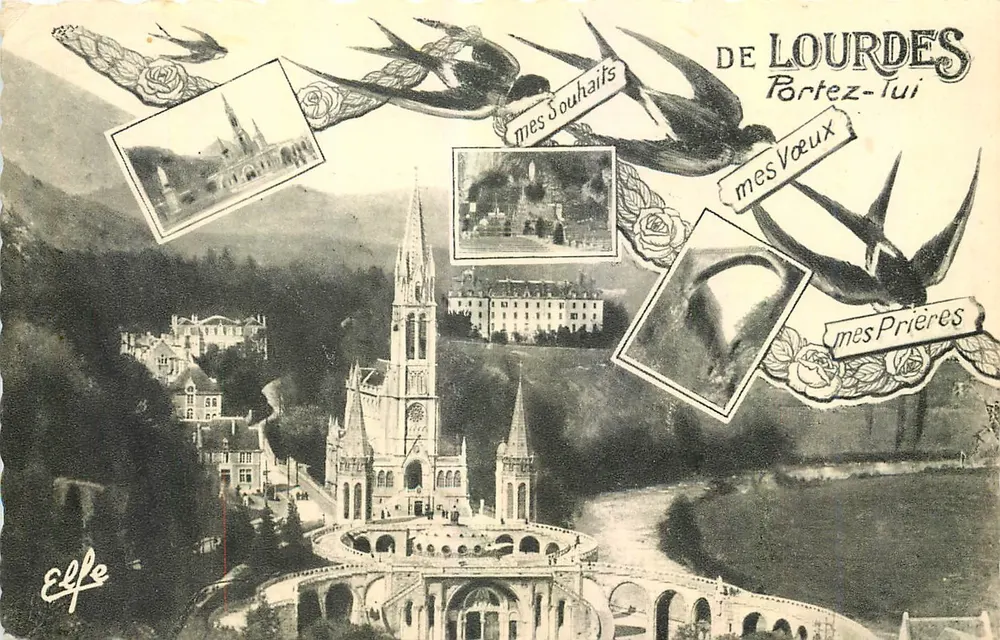 Lourdes — Panoramablick mit Botschaftenträgern — Verlag: Elfe - Vorderseite