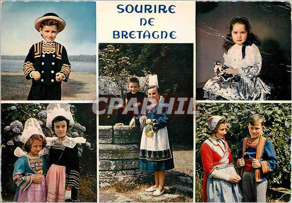 Sorriso da Bretanha — Crianças em trajes de Quimper, Fouesnant-Bénodet e Douarnenez-Ploaré — Edições Diphion, MX 3366 - Frente