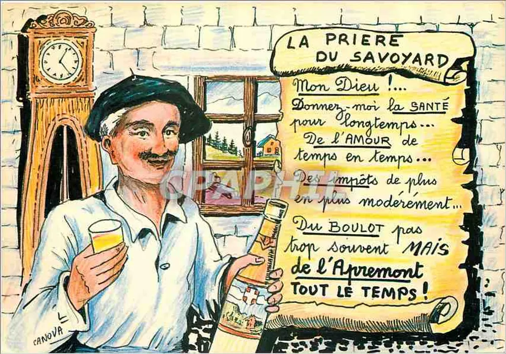 Die Gebete des Savoyarden — Karikatur eines Mannes mit einer Flasche und einem Glas — Zeichnung von Canova, Nr. 309 - Vorderseite