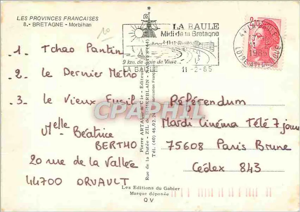 Carta postal ilustrada da Bretanha - Morbihan — As Províncias Francesas, n°8, editada por Les Éditions du Gabier - Verso