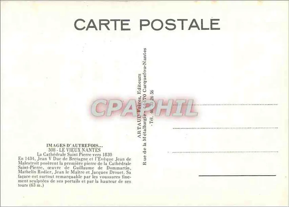 Kathedrale Saint-Pierre — Nantes — Verlag Artaud Frères, Nr. 308 - Rückseite