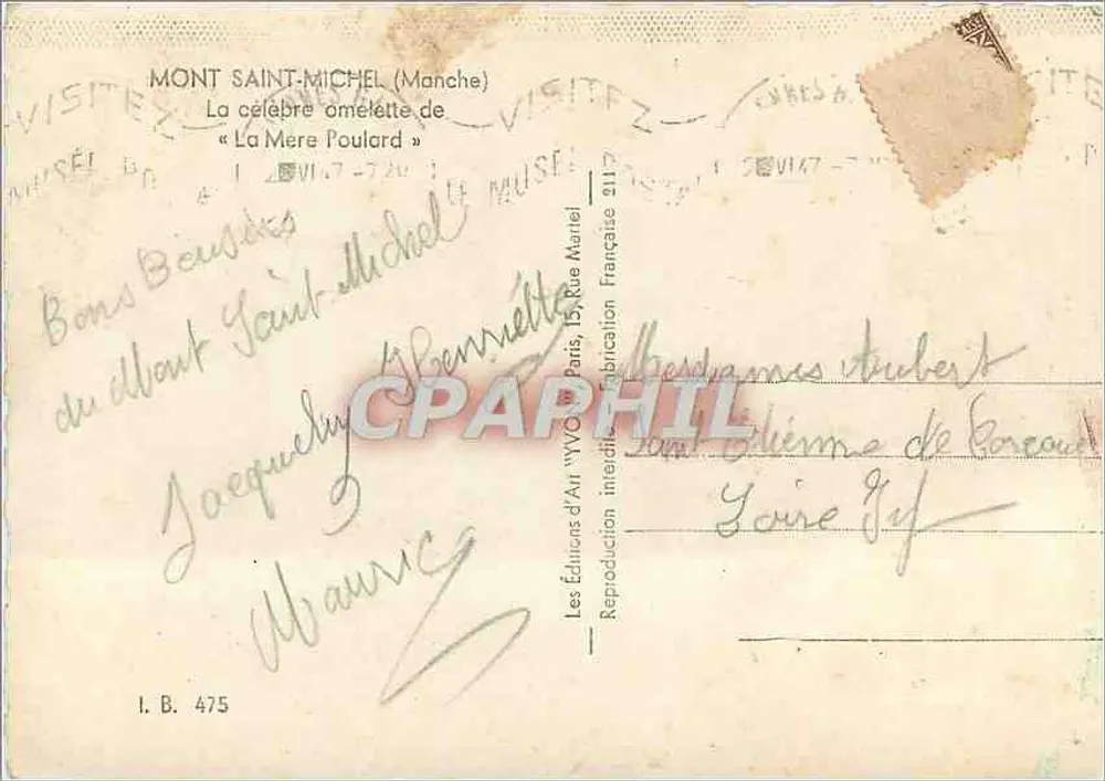 Mont Saint-Michel (Manche) — Die berühmte Omelette von « La Mère Poulard » — Les Éditions d'Art 'Vivon' n° 475 - Rückseite