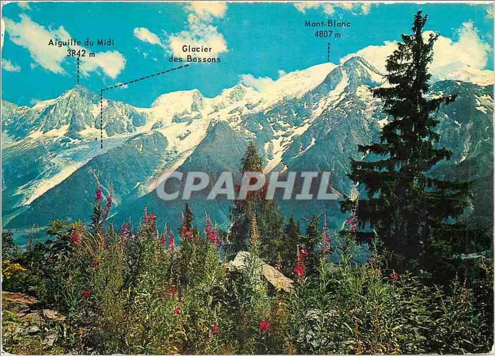 Mont-Blanc und Aiguille du Midi — Alpenblick — Verlag SPADÈM, Nr. 74 PE 107 - Vorderseite