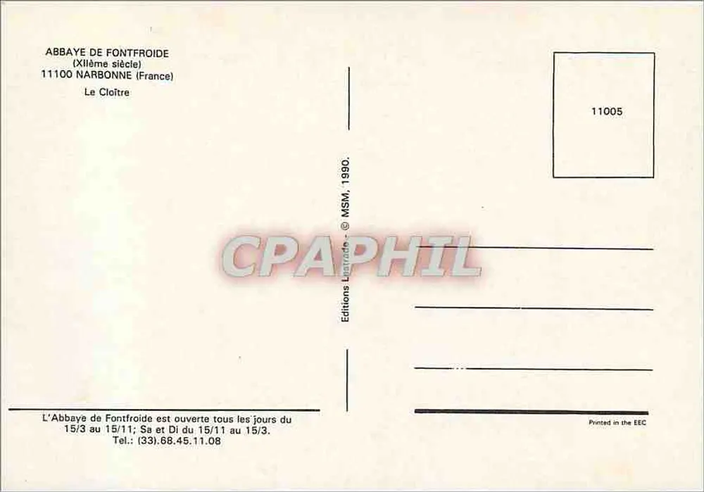 Abadia de Fontfroide — O Claustro — Éditions L'Abbaye, n° 11005 - Verso
