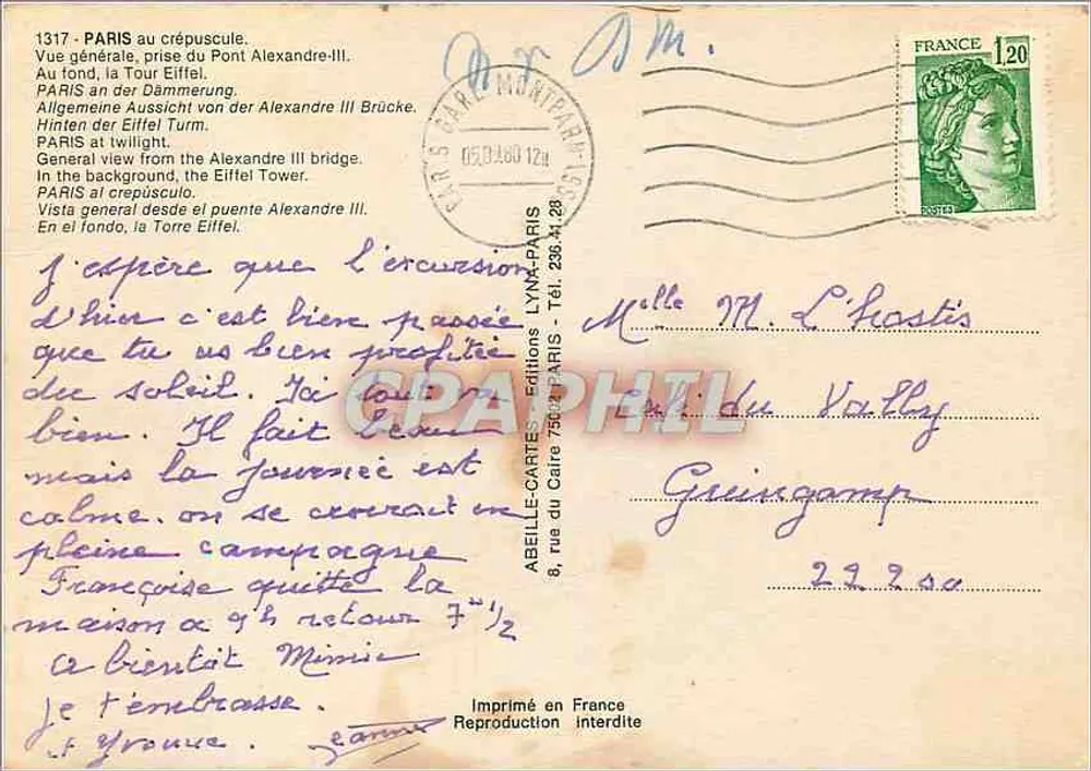 Paris - Allgemeiner Blick vom Pont Alexandre-III — Verlag ABEILLE-CARTES, Nr. 1317 - Rückseite