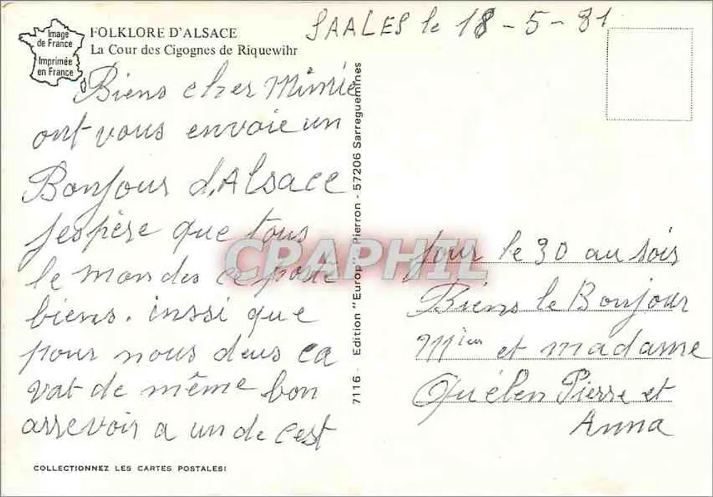 La Plaza de las Cigüeñas en Riquewihr — Folclore de Alsacia — Edición Europ’Pierron n°7116 - Reverso