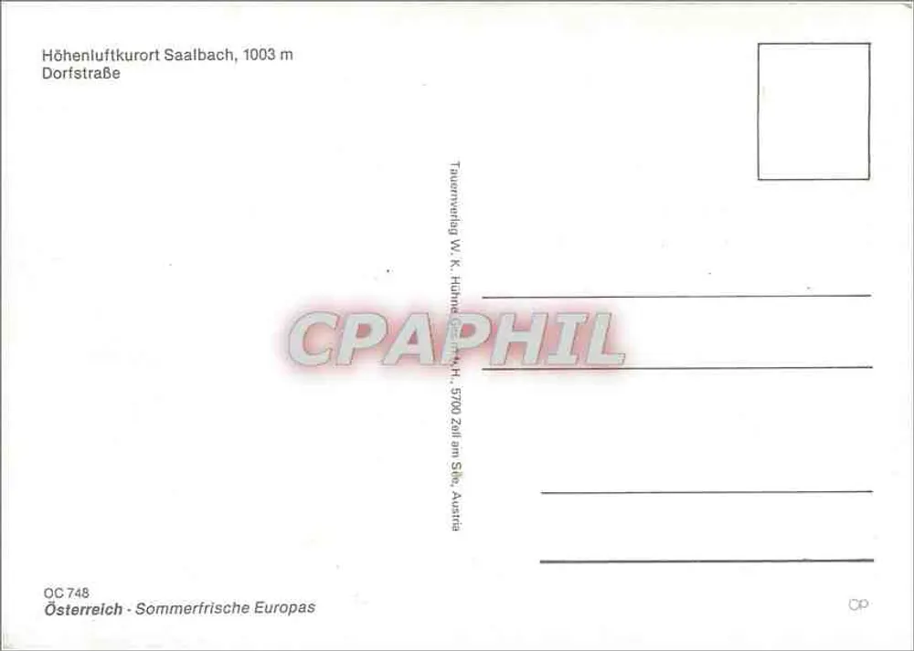 Widok Saalbach — Hohenluftkurort — wydawca W. K. Huhne, nr OC 748 - Rewers