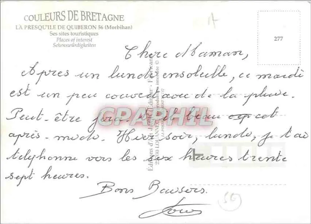 Die Halbinsel Quiberon — Touristische Sehenswürdigkeiten — Éditions d'Art Loannec, n°277 - Rückseite