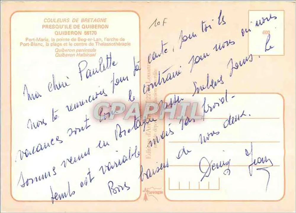 Quiberon — vue panoramique — Éditions de Bretagne, n° 600 - Verso