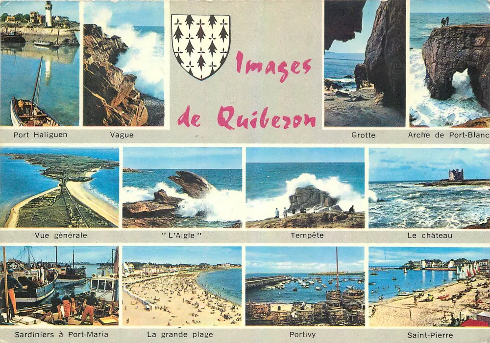 Porto Haliguen — Vaga — Gruta — Arco de Port-Blanc — Vista geral — O Águia — Tempestade — O castelo — Sardiniers em Port-Maria — A grande praia — Portivy — São Pedro — Imagens de Quiberon — Edições de Arte JOS. Dép. Morbihan - Frente