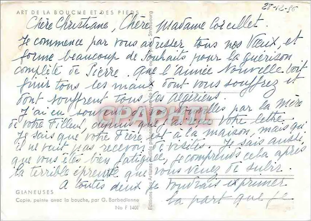 Raccoglitrici — Dipingere con la bocca — G. Barbedienne, No F 1401 - Verso