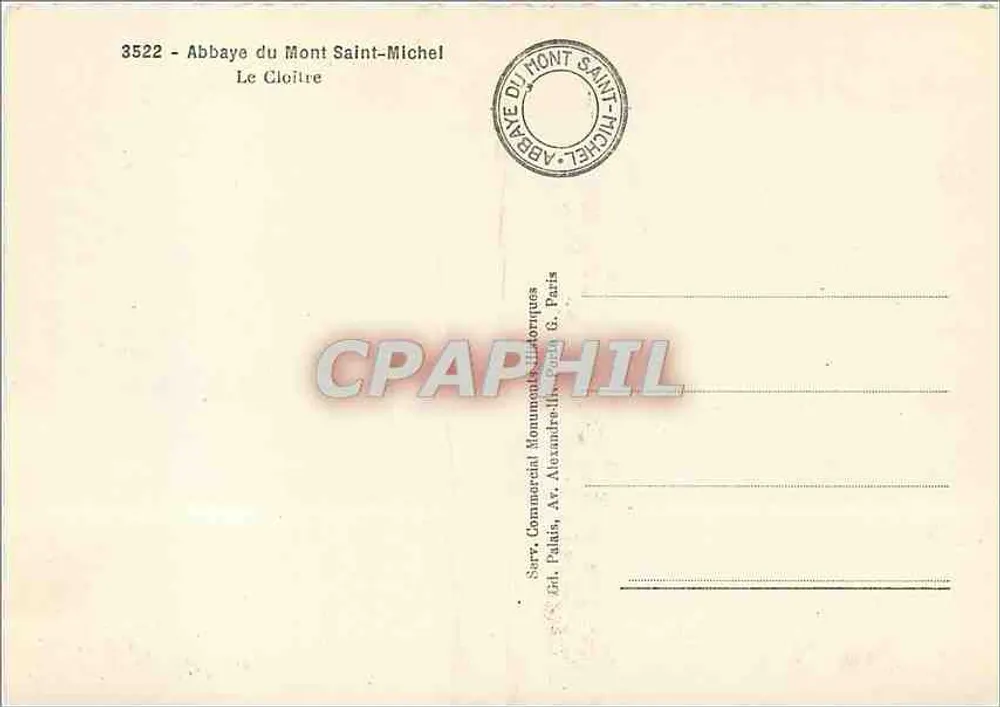 Abadia do Mont-Saint-Michel — O Claustro — Ed. Comercial Monuments Historiques, n° 3522 - Verso