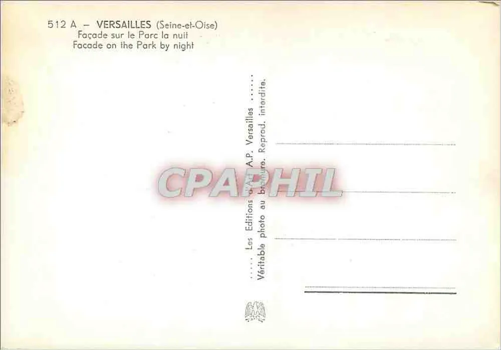 Versailles (Seine-et-Oise) — Fachada à noite no Parc — Les Editions photo A.P. Versailles - Verso