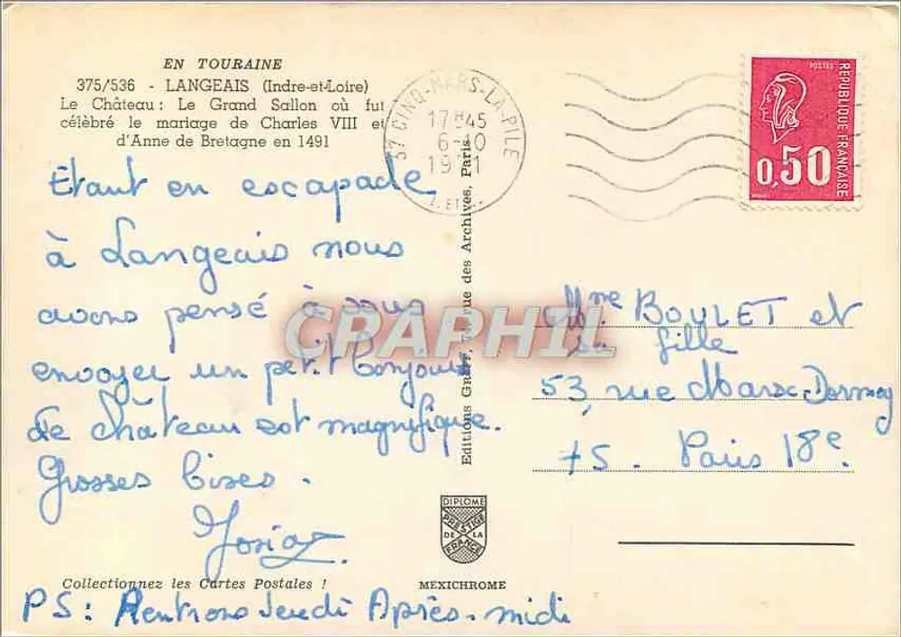 Der Grand Saloon des Schlosses Langeais — Verlag MEXICHROME, n° 375/536 - Rückseite