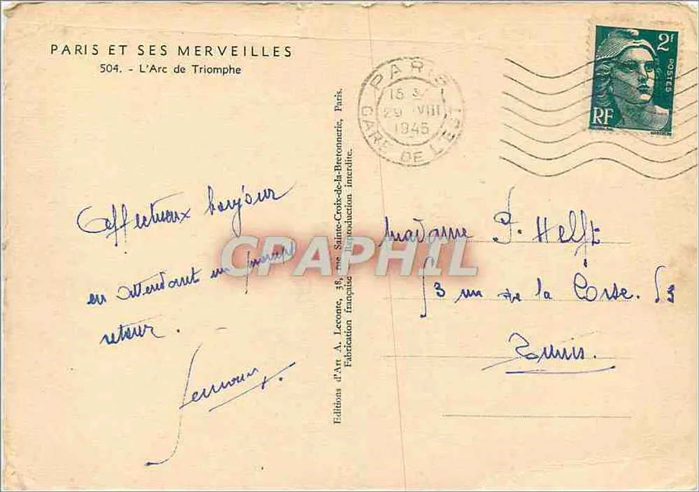 Paris — O Arco do Triunfo — Edições de Arte A. Lecoute, n° 504 - Verso