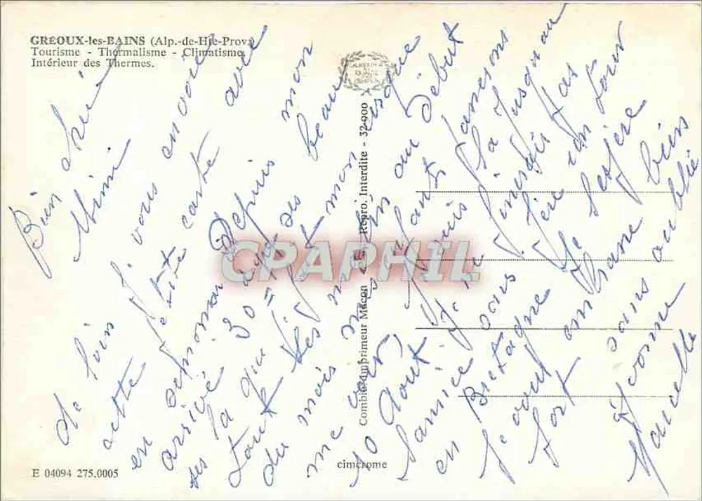 Gréoux-les-Bains (Alpes-de-Haute-Provence) — Innenansicht der Thermen — Verlag: Comité d'Impression Mécanique - Rückseite