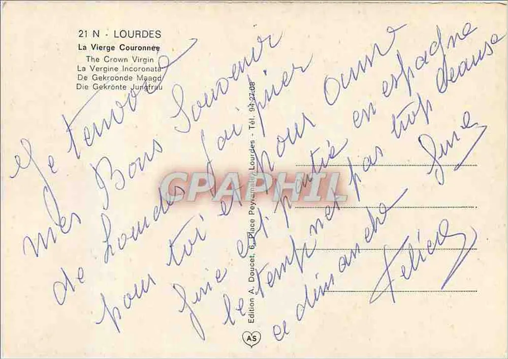 Lourdes — Estátua da Virgem Coroada — Edição A. Dousset - Verso