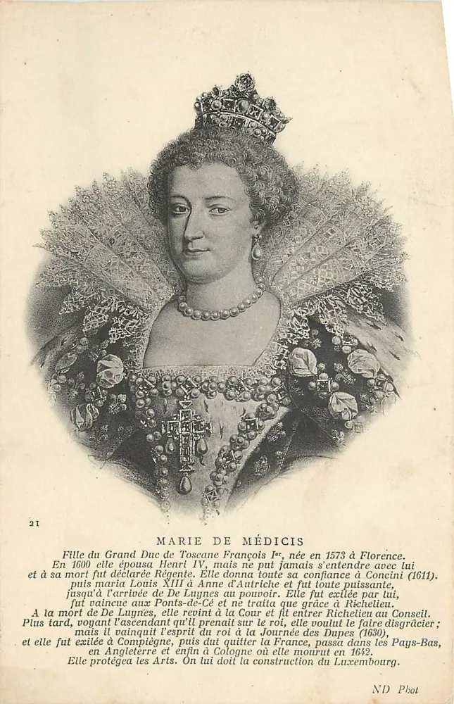 Marie de Médicis — retrato gravado com texto biográfico — ND Phot, n°21 - Frente
