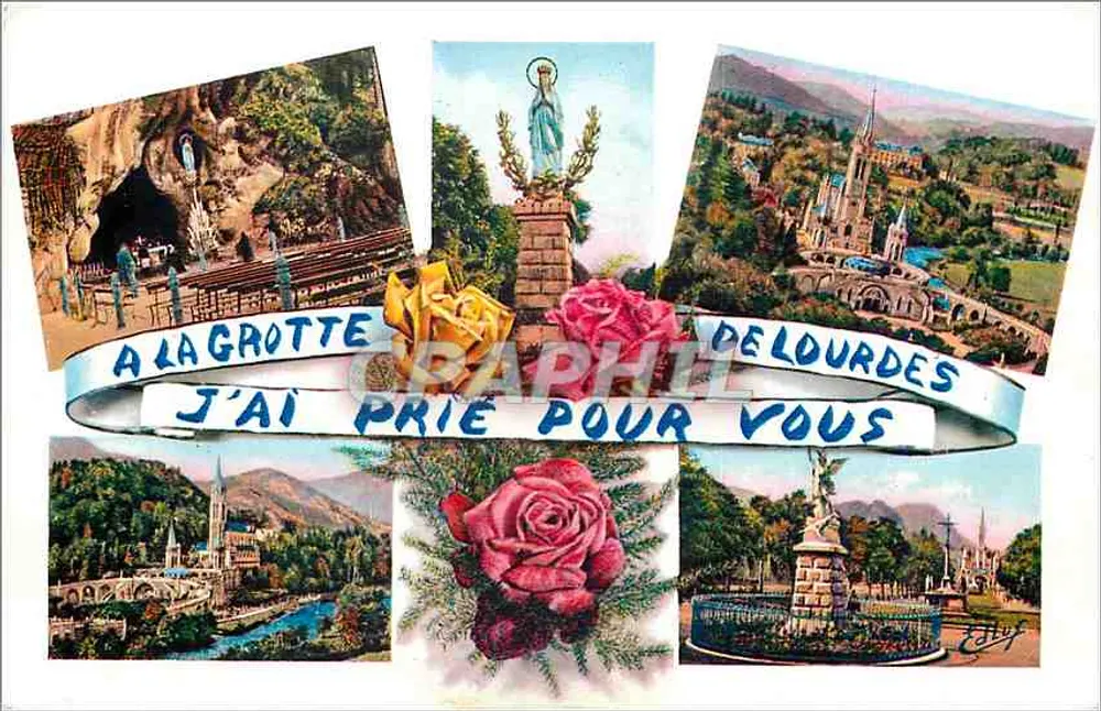 Lourdes — A Gruta, a estátua da Virgem, o santuário e o ponte — Edição P. Doucel, n°111 - Frente