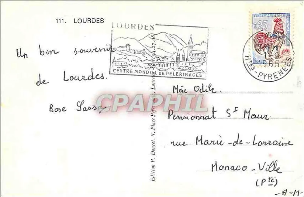 Lourdes — A Gruta, a estátua da Virgem, o santuário e o ponte — Edição P. Doucel, n°111 - Verso