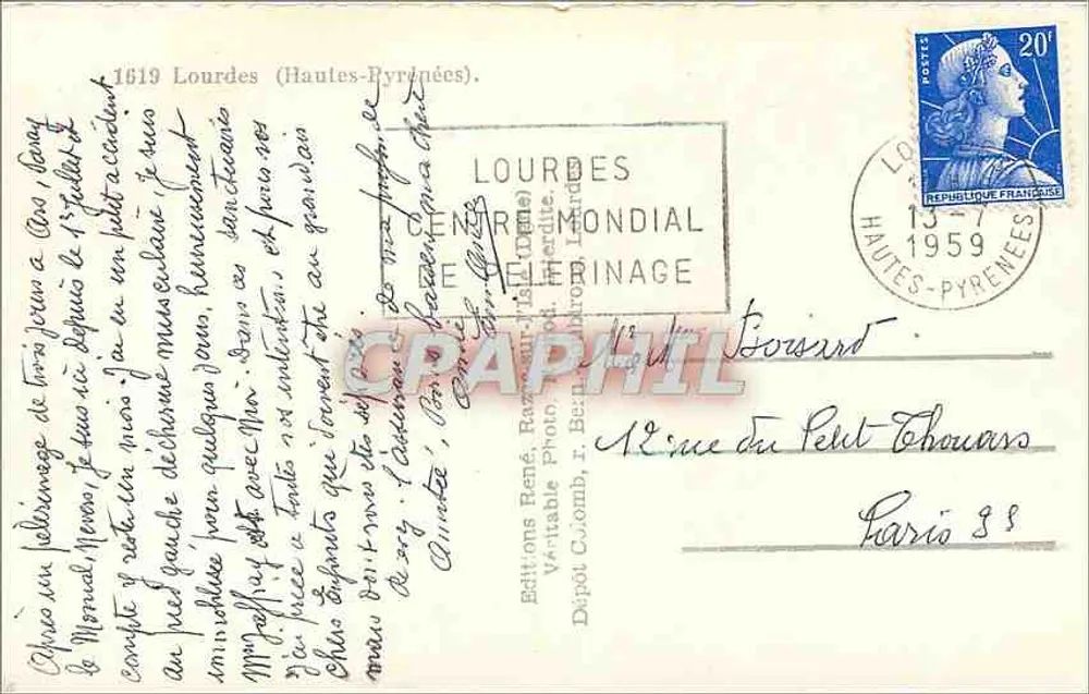 Lourdes — Lembrança de Bernadette Soultirous — Éditions René Bézard - Verso
