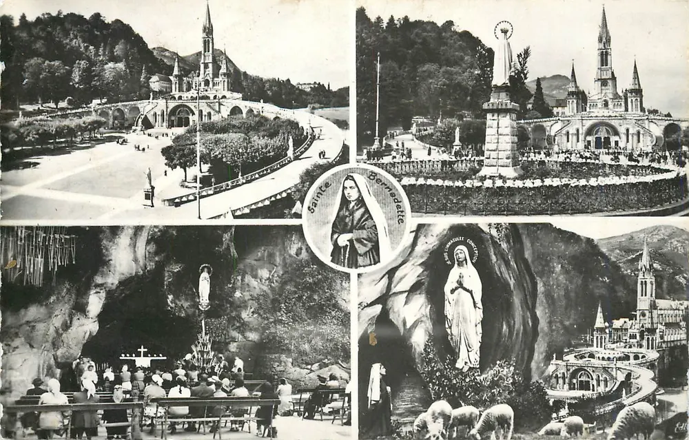 Lourdes — Basílica, Gruta e Aparição da Virgem — Edit. P. Doucet & Picard, n°203 - Frente