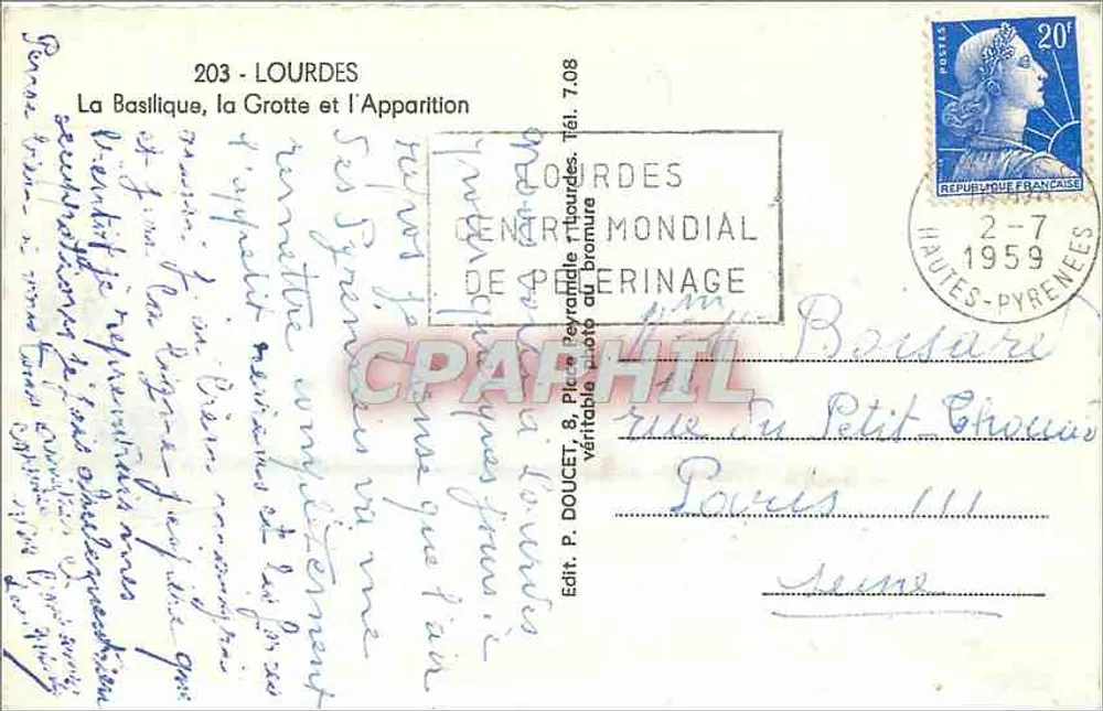 Lourdes — Basílica, Gruta e Aparição da Virgem — Edit. P. Doucet & Picard, n°203 - Verso