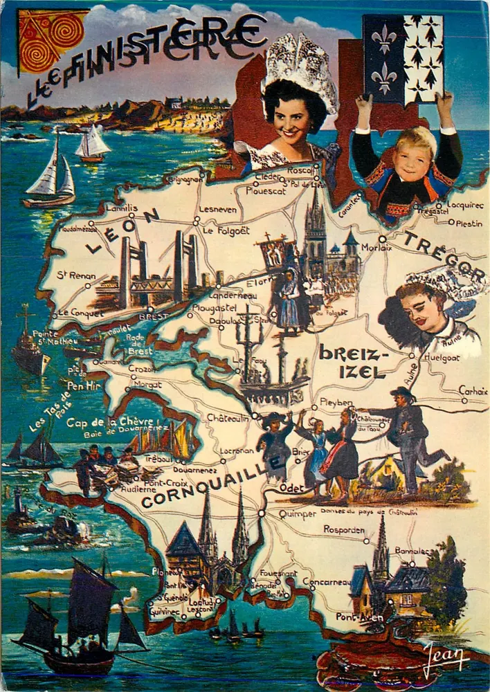 O Finistère — Carta postal ilustrada com mapa geográfico e personagens — Jean, Les Éditions Finistère - Frente