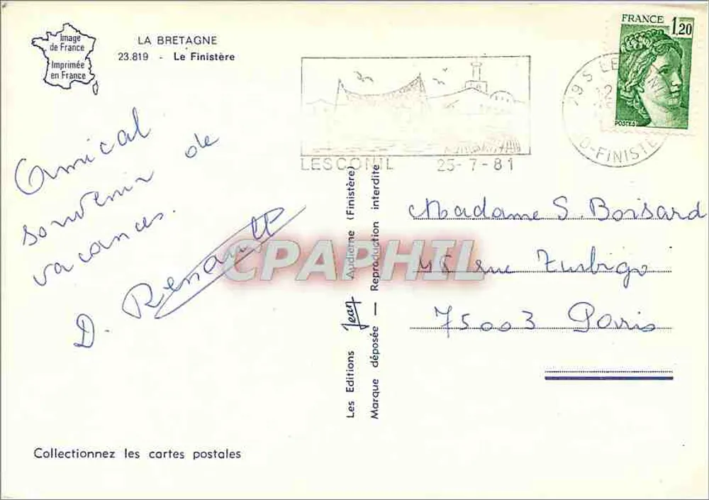 O Finistère — Carta postal ilustrada com mapa geográfico e personagens — Jean, Les Éditions Finistère - Verso