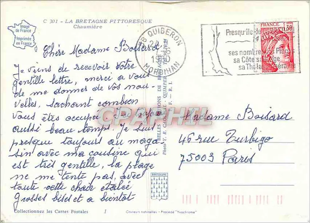 Cottage à Chaumière — Quiberon, Morbihan — Éditions de Bretagne Pittoresque, n° C 301 - Verso