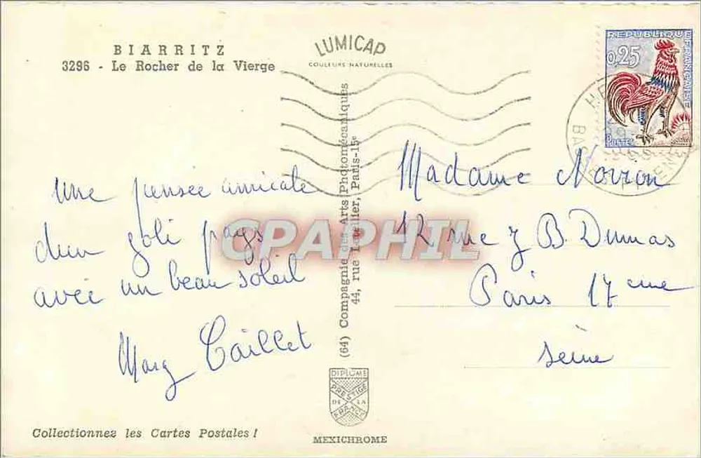 Biarritz - O Rocher da Virgem — editor Lumicad, n° 3296 - Verso