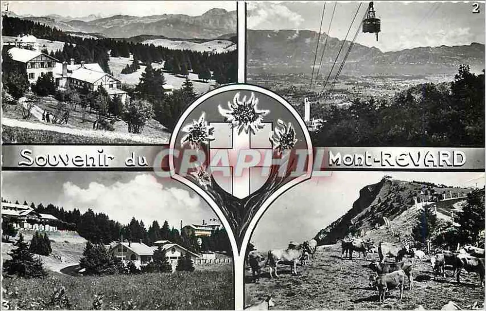Mont-Revard — widok panoramiczny z teleferytem i bykami — Souvenir du CRAPHIL - Awers