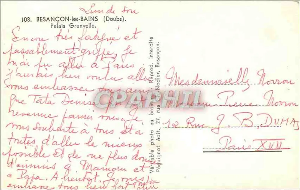 Palácio Granvelle — Besançon-les-Bains — editor Péoui, n° 108 - Verso