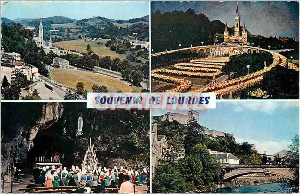 Lourdes — vista panorâmica, santuário, gruta e ponte — Lembrança de Lourdes, editor Graphil - Frente