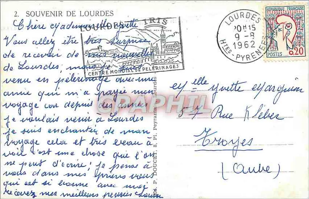 Lourdes — vista panorâmica, santuário, gruta e ponte — Lembrança de Lourdes, editor Graphil - Verso